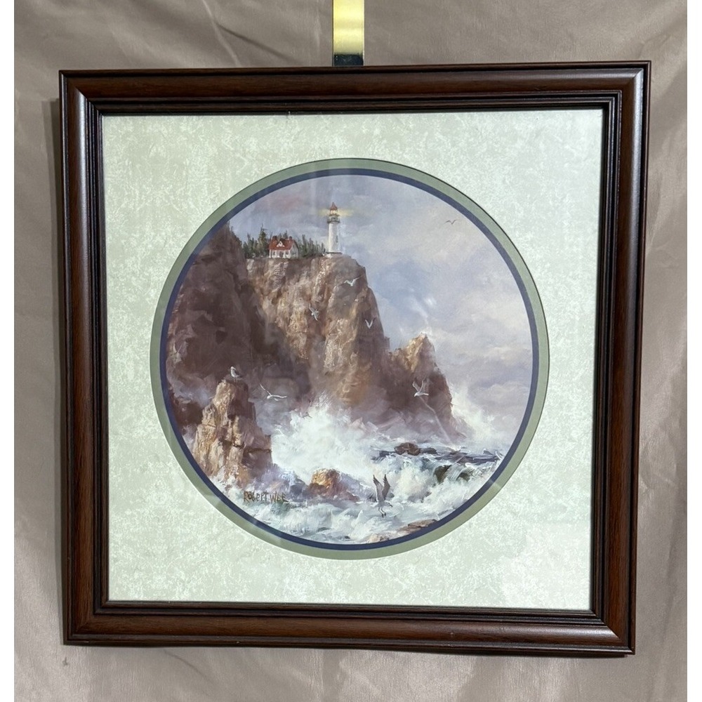 Vintage, Signed Robert Wee lighthouse print Ocean Waves Sea Cliff Wild Water‎